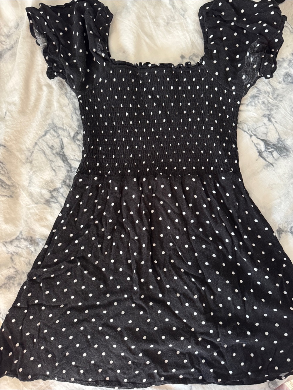 Smocked Black Polka Dot Mini Dress with Puff Sleeves